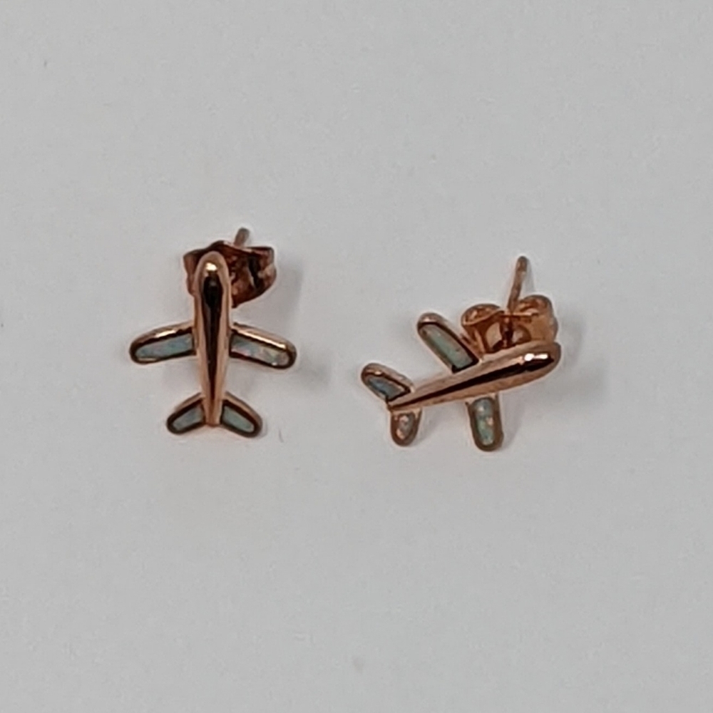 Airplane rose gold 925 sterling silver with opal details stud earrings